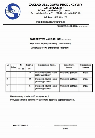 swiadectwo jakosci zaporowe